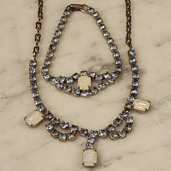 15" Vintage Rhinestone Choker Necklace & Bracelet Demi Parure Blue Opalescent - Picture 4 of 16